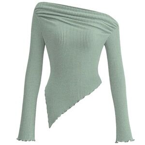 New Trendy Off-Shoulder Ribbed Top - Sage Long Sleeves